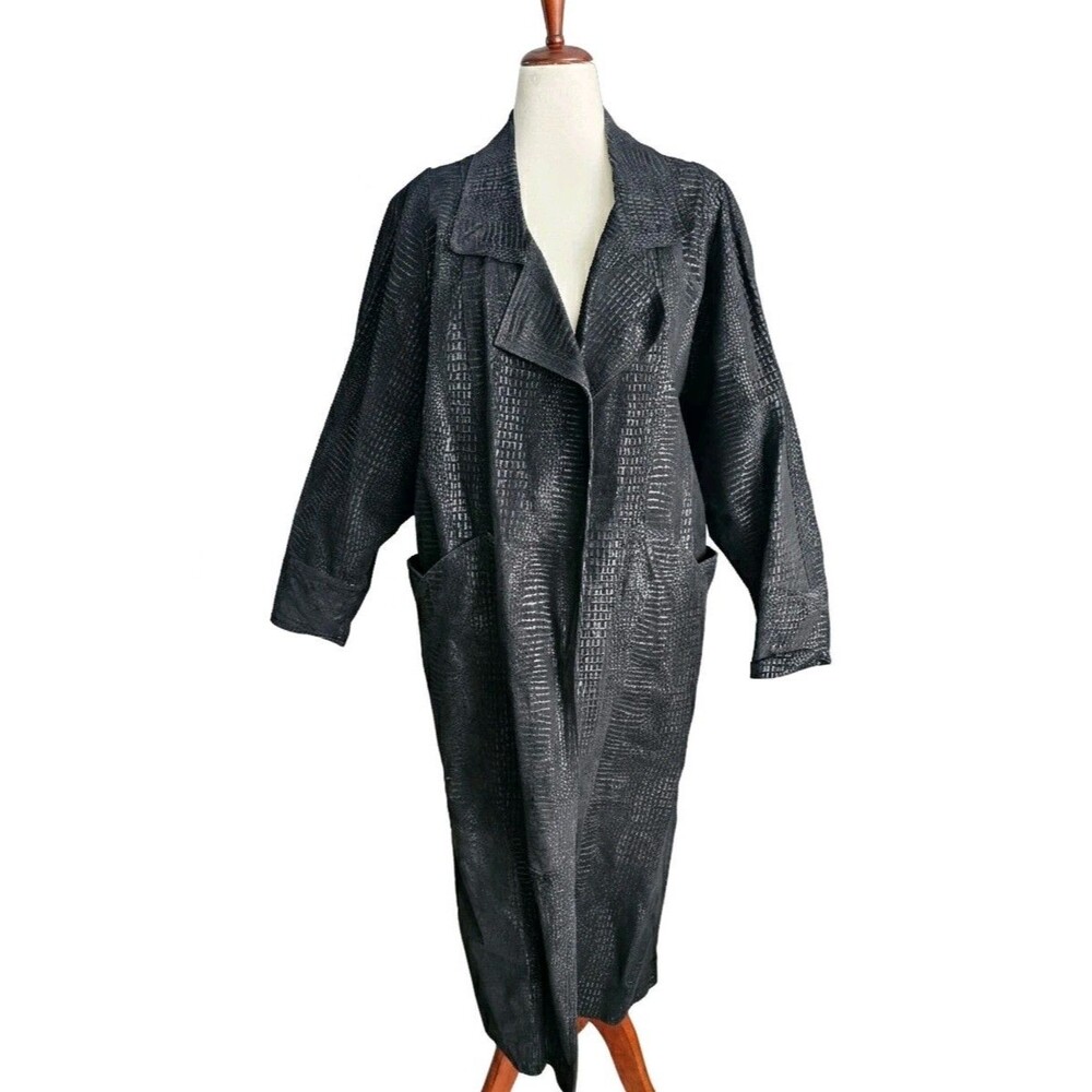 Vintage Winlit Black Textured Long Coat Women’s M Oversized 80s Made in Korea